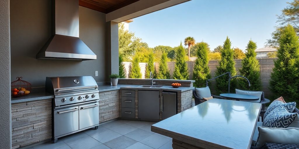 Modern outdoor kitchen with grill and seating