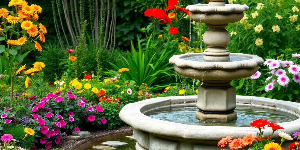 Tranquil garden with a flowing water fountain.