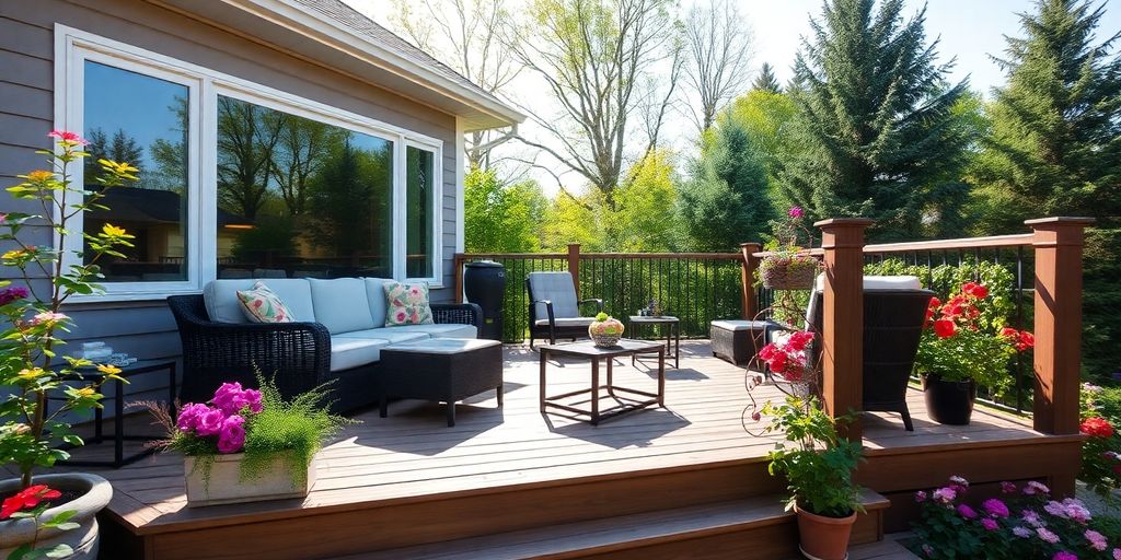 Modern deck with comfortable seating and lush greenery in Ottawa
