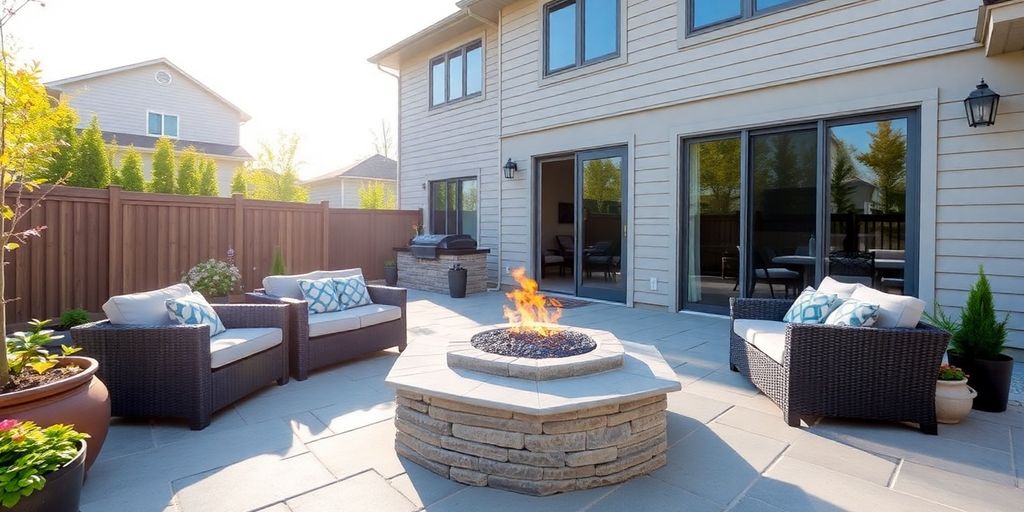 Beautiful Ottawa backyard with a fire pit and seating