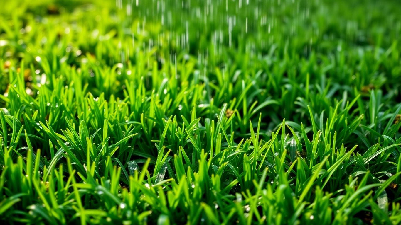 Fresh sod receiving a gentle watering from a sprinkler. 