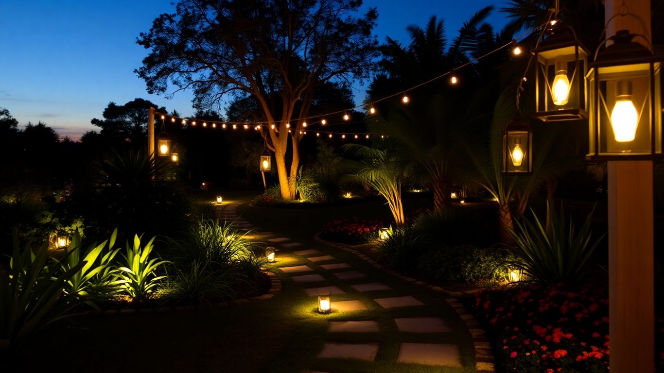 Modern backyard lighting fixtures highlight pathways and garden features. 