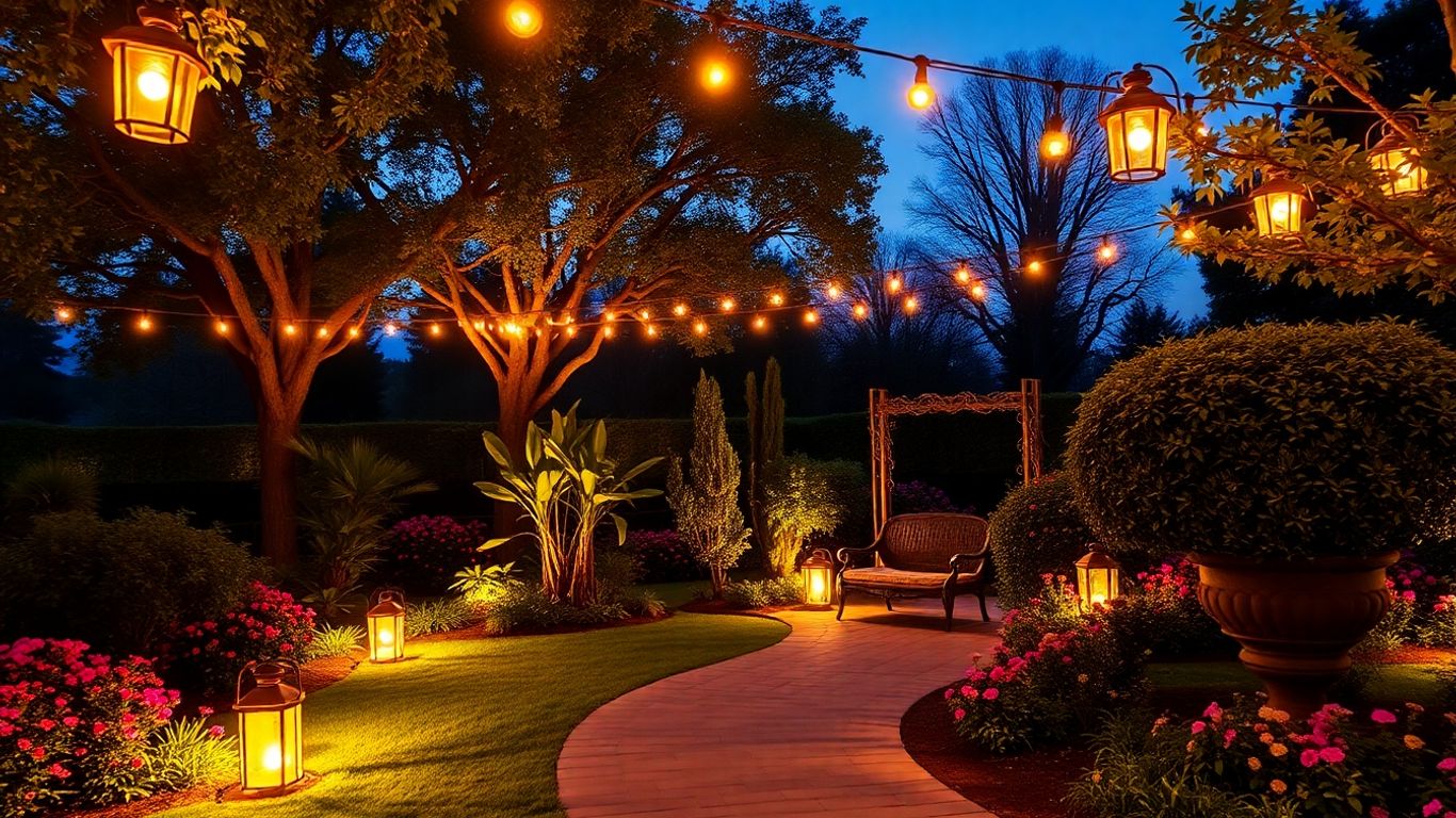 Elegant garden lighting showcases flowers and landscape features.