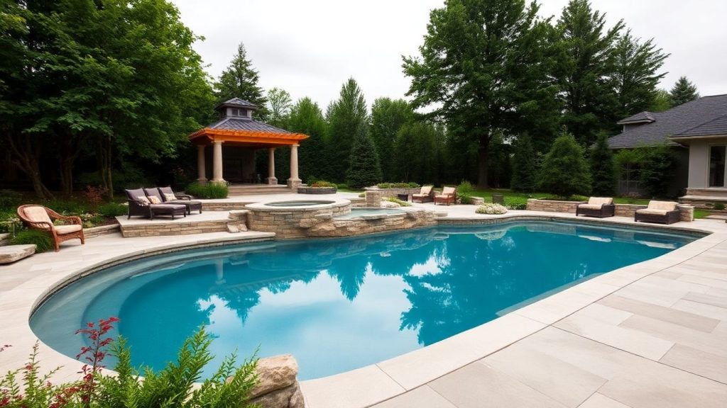 Concrete pool with surrounding hardscaping and greenery.
