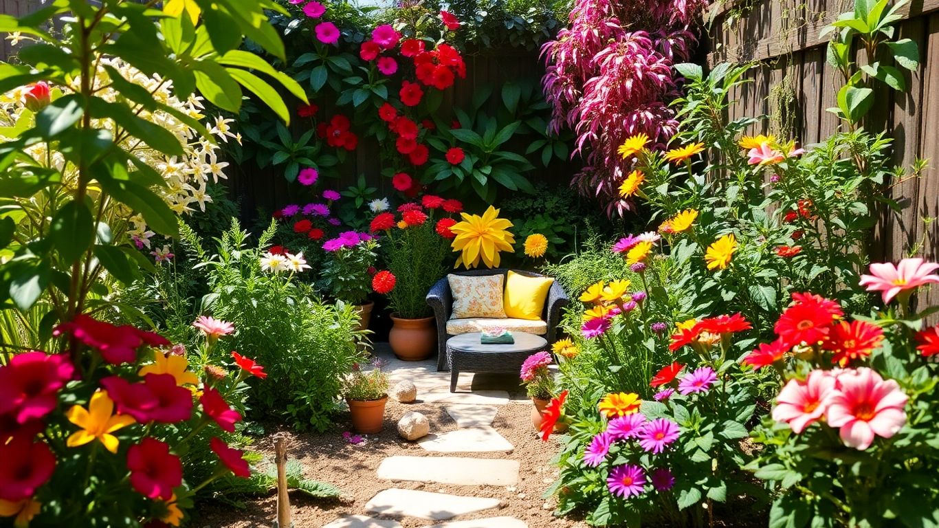 Compact garden layout featuring efficient planting and modern design elements Compact garden layout featuring efficient planting and modern design elements