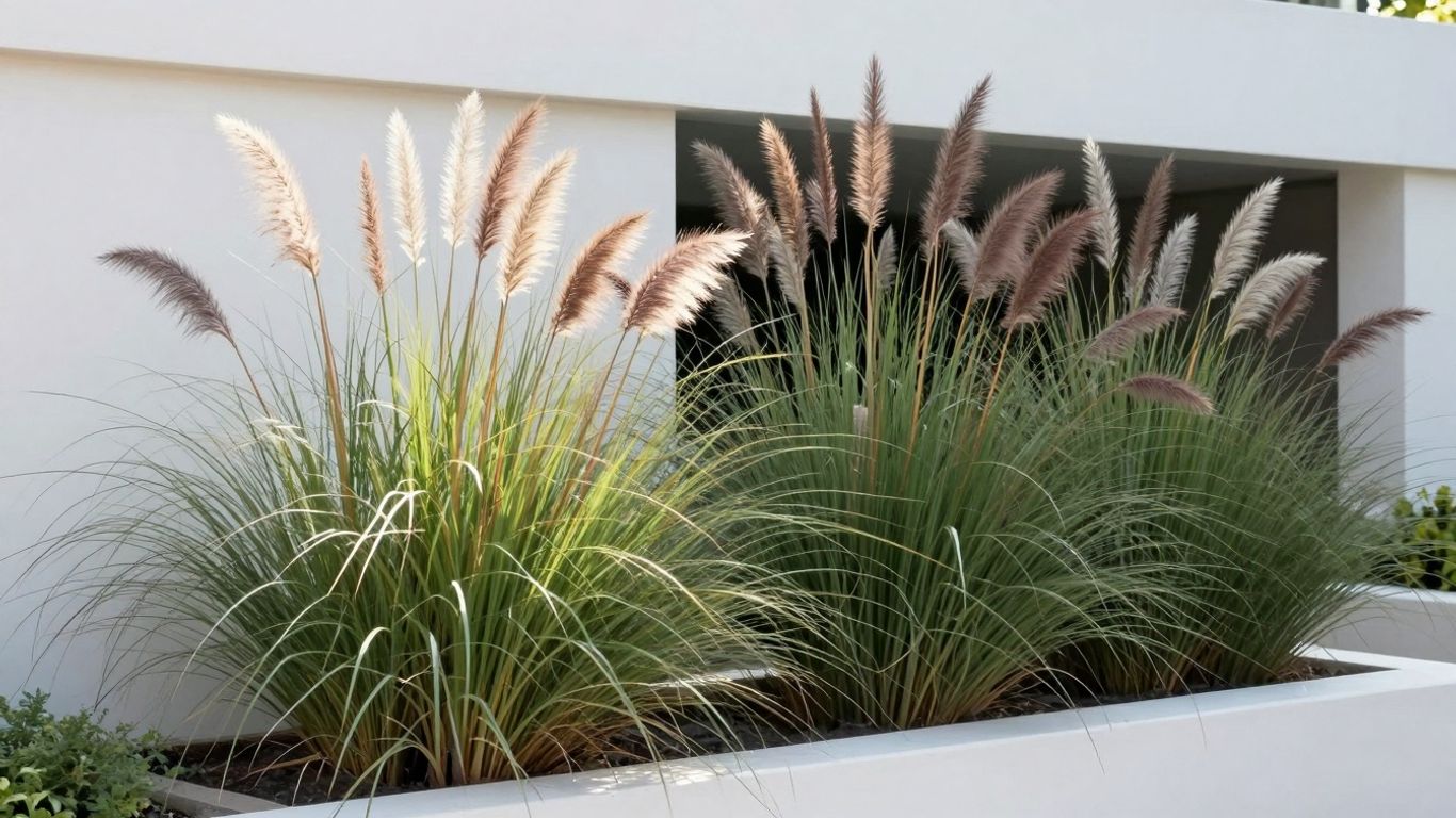 Modern garden with diverse ornamental grasses. Modern garden with diverse ornamental grasses.