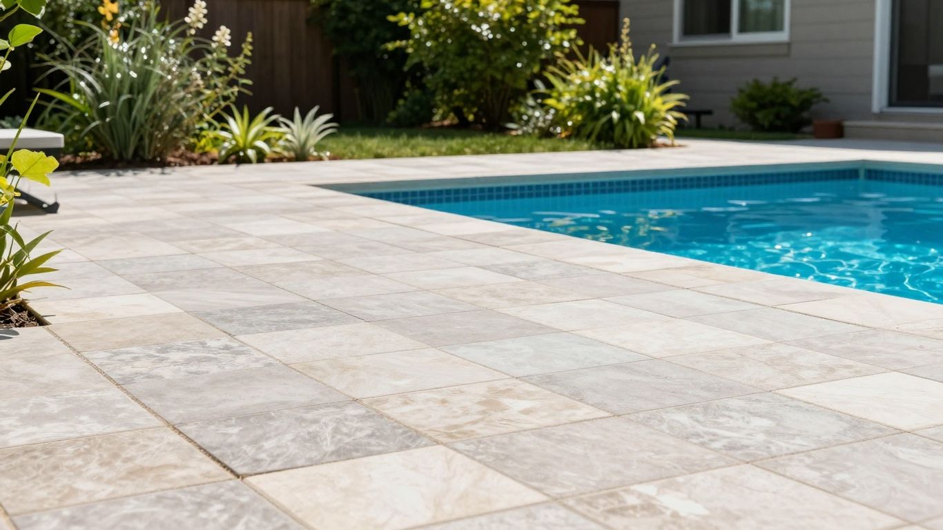 Interlocking tiles on a sunny Ottawa pool deck.