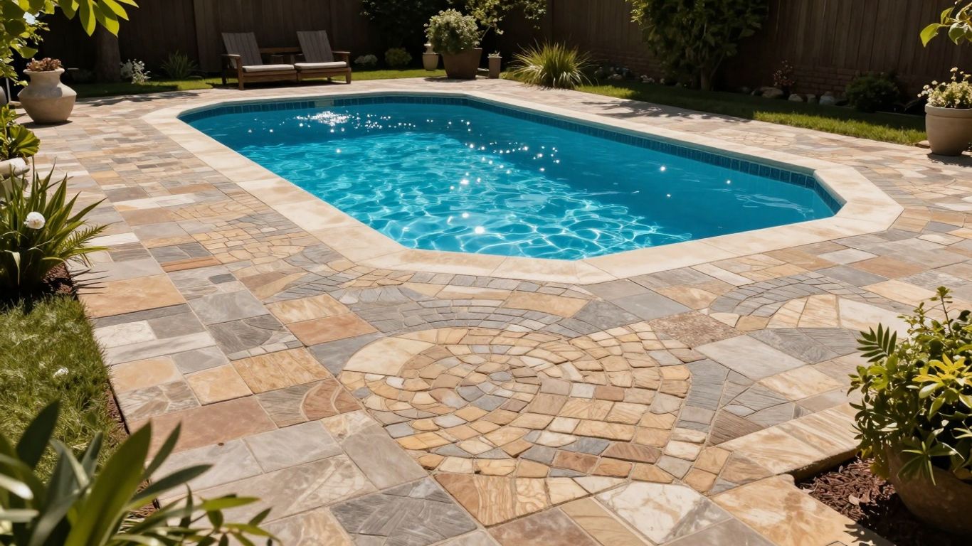 Interlocking tile pool deck surrounding a swimming pool. Interlocking tile pool deck surrounding a swimming pool.
