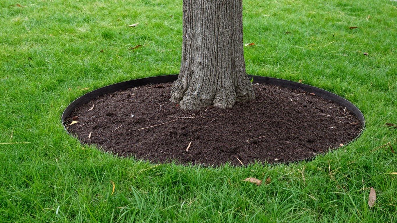 Landscape edging with decorative garden edging border around mulch and planting area.
