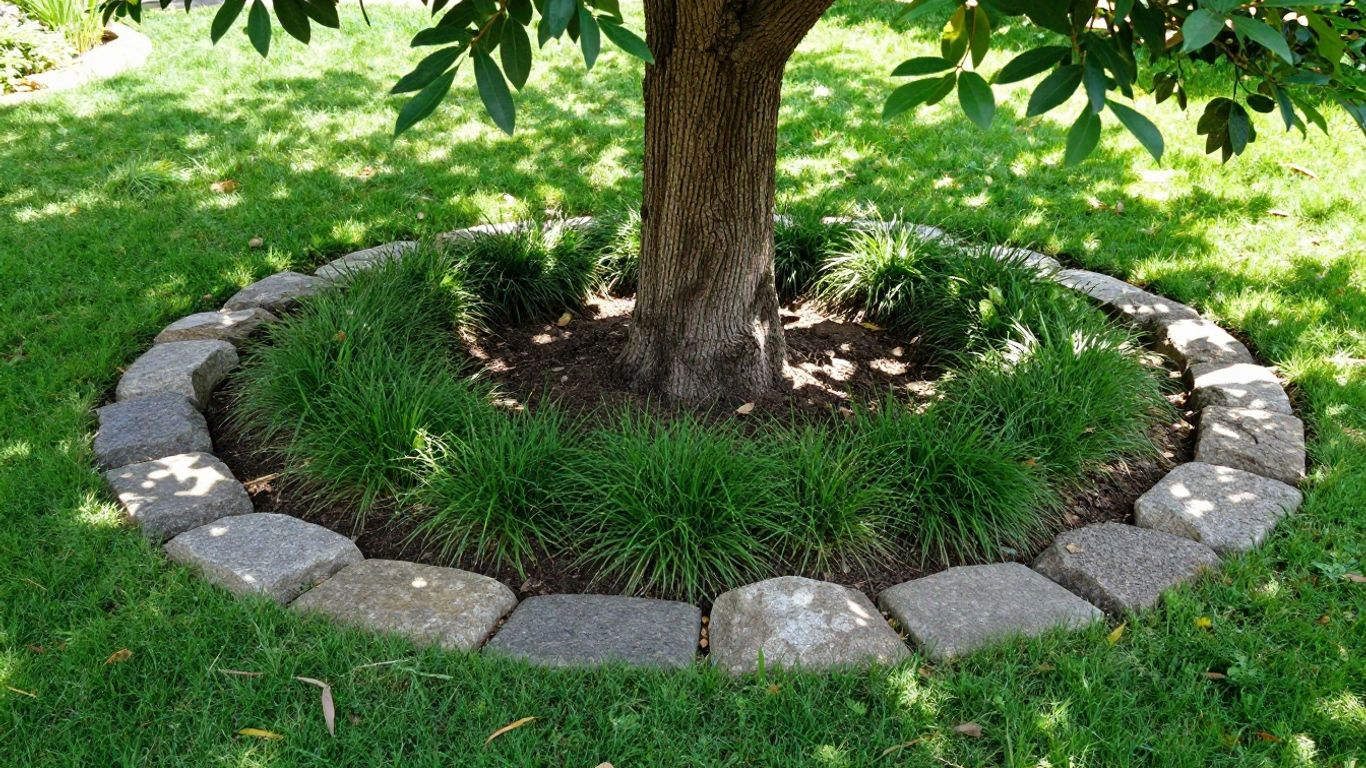 Garden edging creating clean landscape edging border between lawn and flower beds with plants and soil.