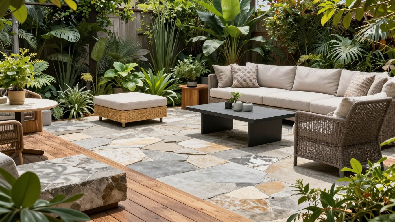 Patio Material Options – Natural Stone and Wood Backyard Design