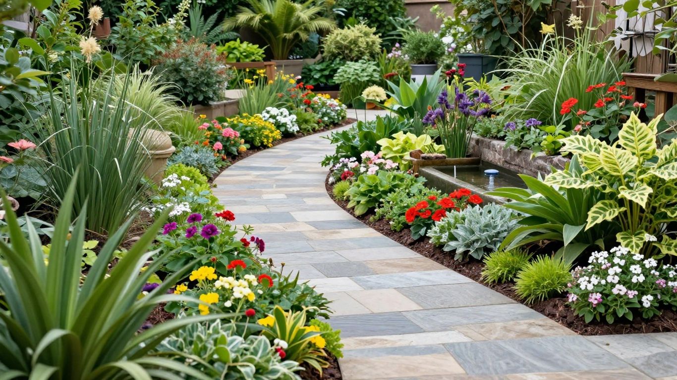 Sloped backyard with tiered garden and stone path.