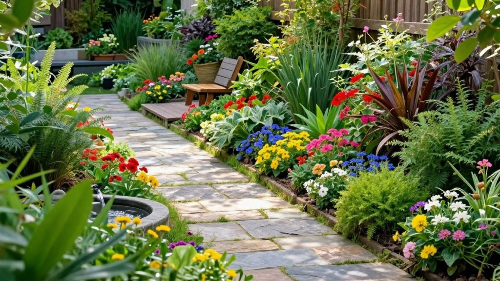 Colorful garden stone pathway with vibrant flowers and bench