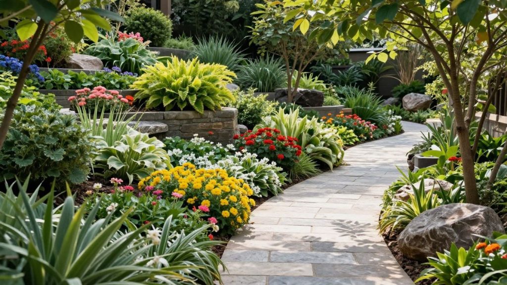Curved stone garden path with colorful flowers and greenery