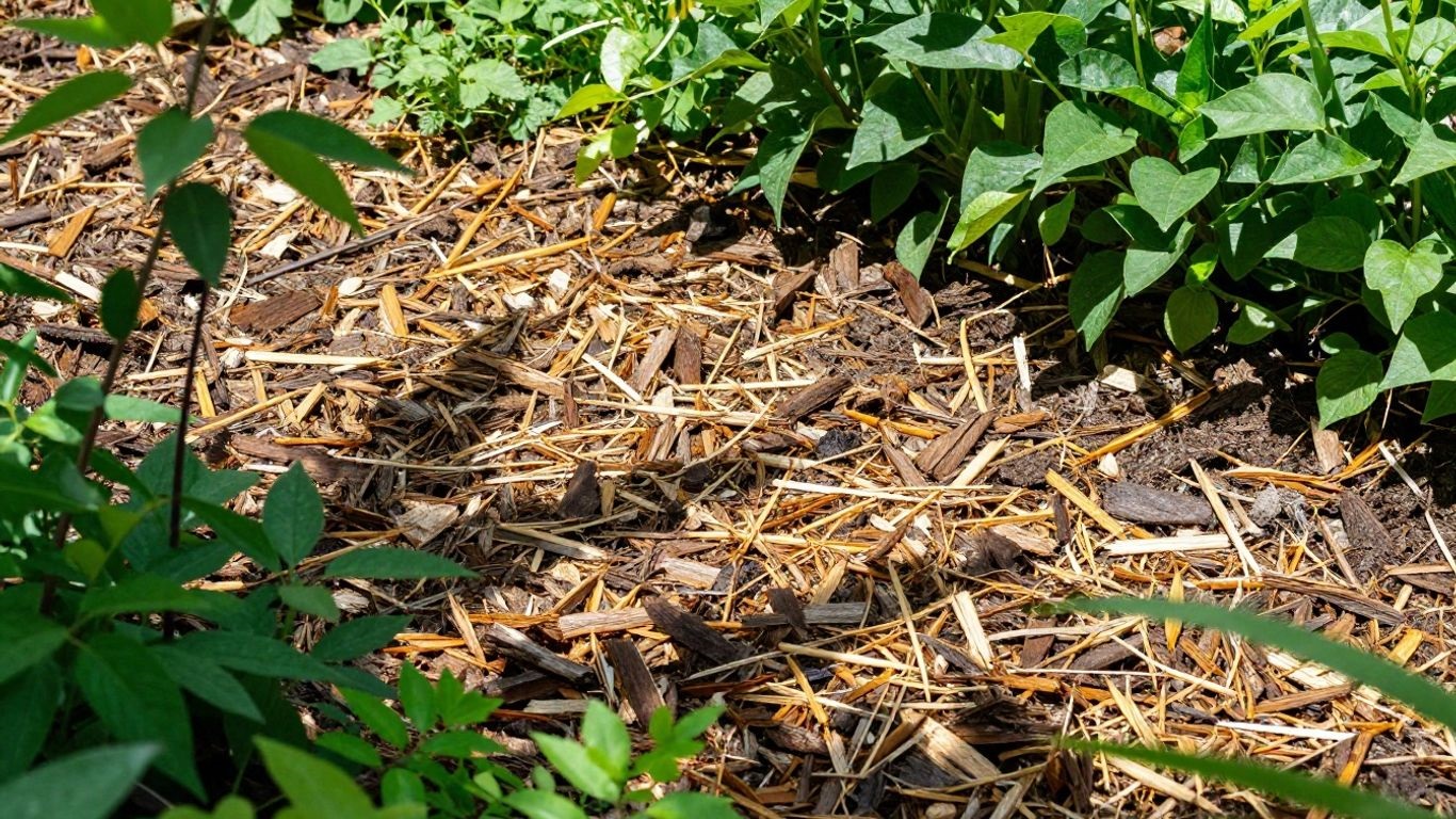 Different mulch materials used in garden beds to retain moisture and suppress weeds