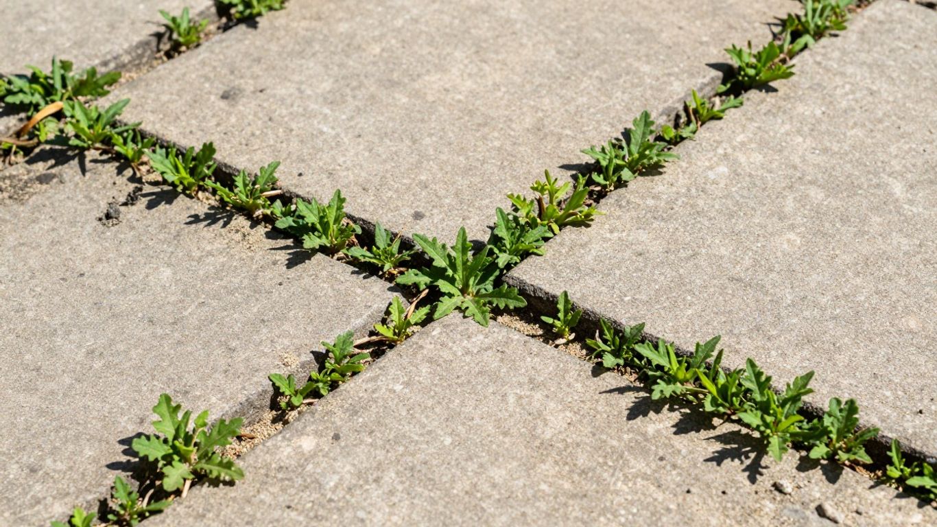 Weeds growing between pavers showing the need for proper interlock sand to stop weed growth