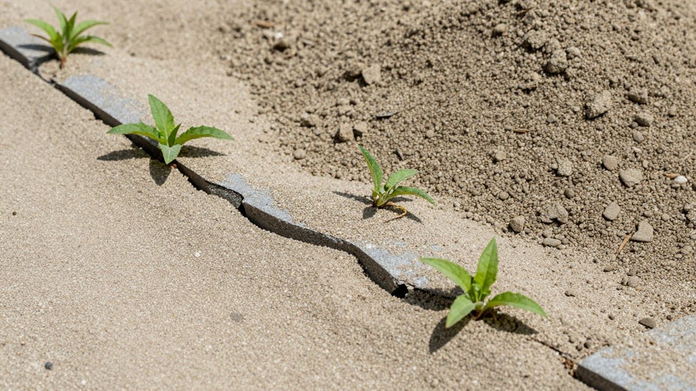 Close-up of interlock joint sand settled between paving stones to prevent shifting
