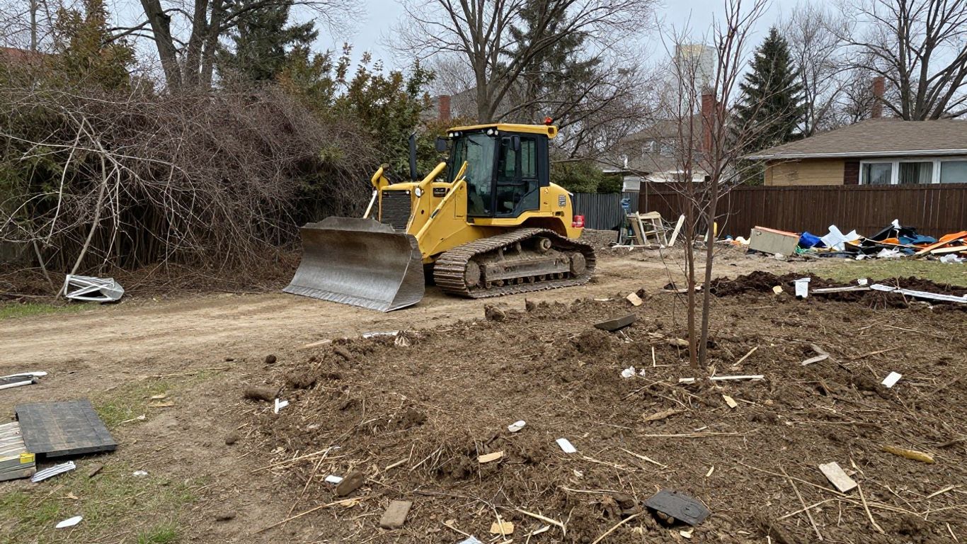 Ottawa backyard land clearing in progress — tracked loader removing debris before landscaping