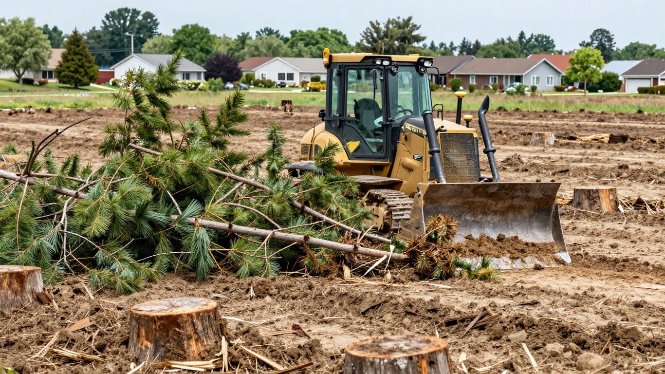 Residential landscape clearing in Ottawa — bulldozer removing trees and stumps from a lot