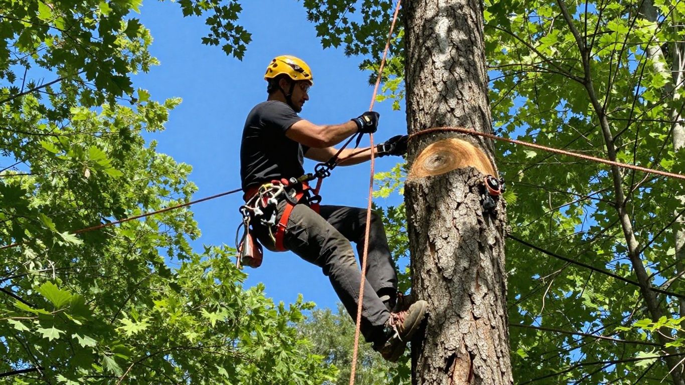 Arborist performing tree felling using ropes and a directional cut