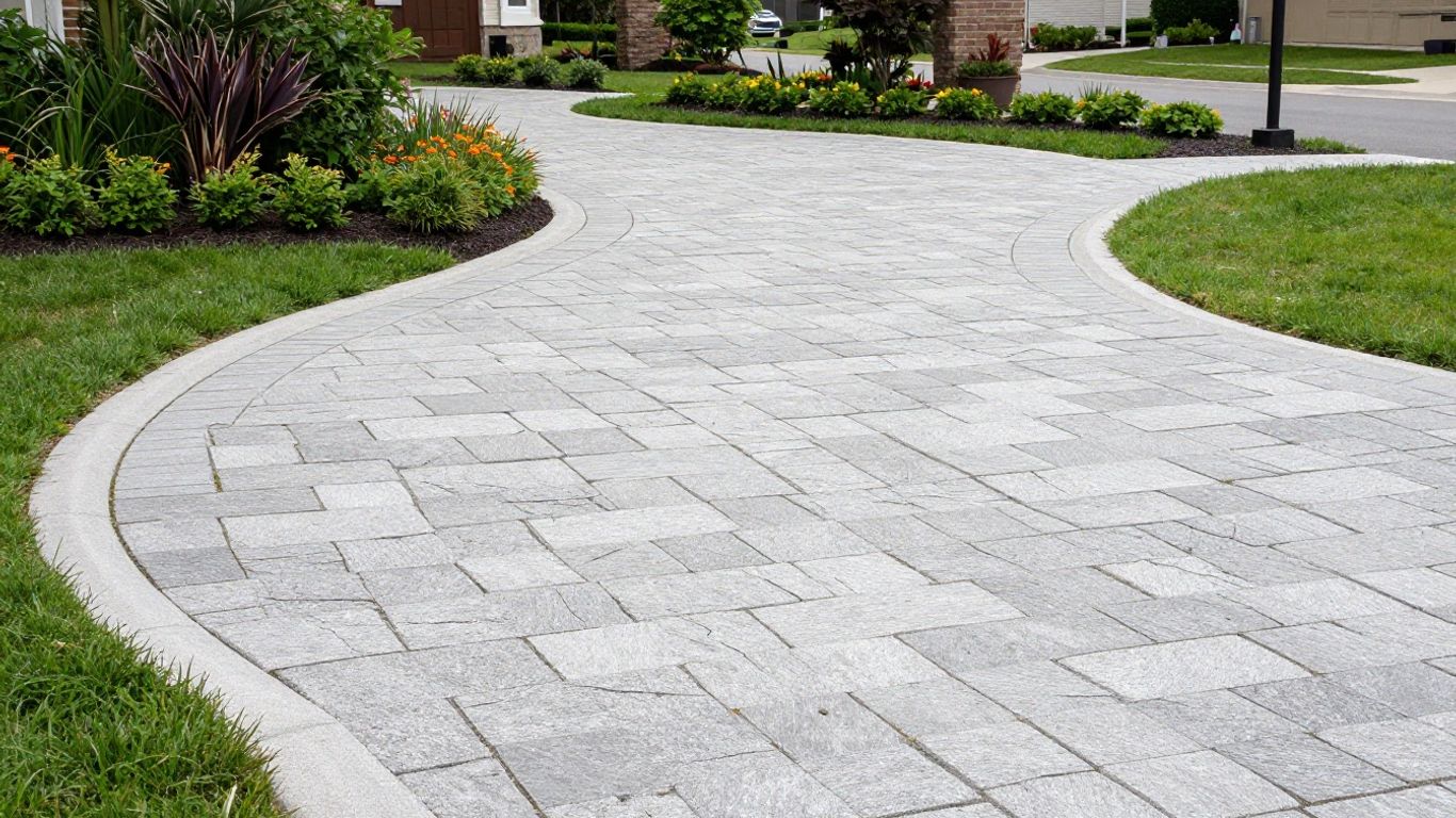 Close-up of herringbone-pattern concrete pavers used in a sidewalk paver installation project in Ottawa.