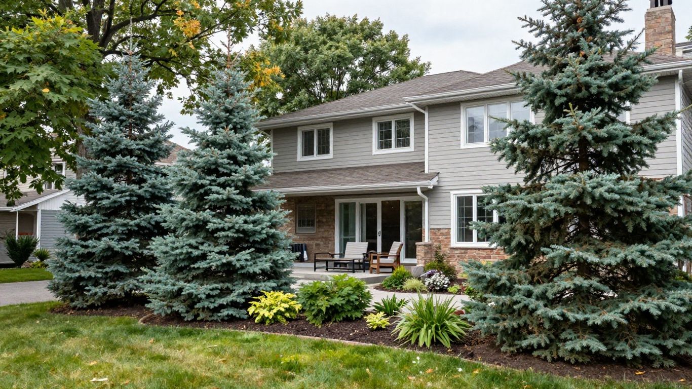 Best Privacy Trees for Ottawa Front Yard Blue spruce evergreen privacy trees creating a natural privacy screen in an Ottawa front yard landscape.