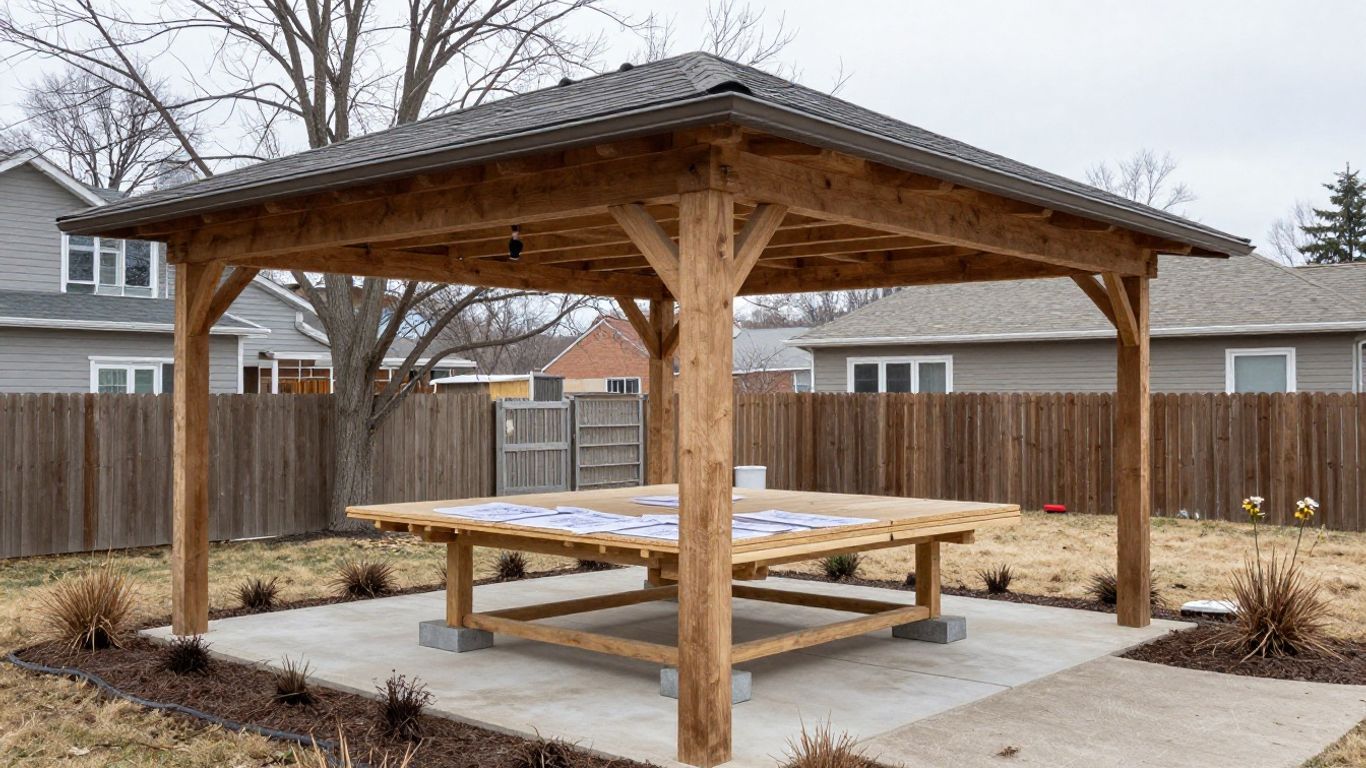 Detached wood-framed patio cover with shingled roof built on a concrete slab, an example of a structure that typically needs a detached patio cover permit in Ottawa
