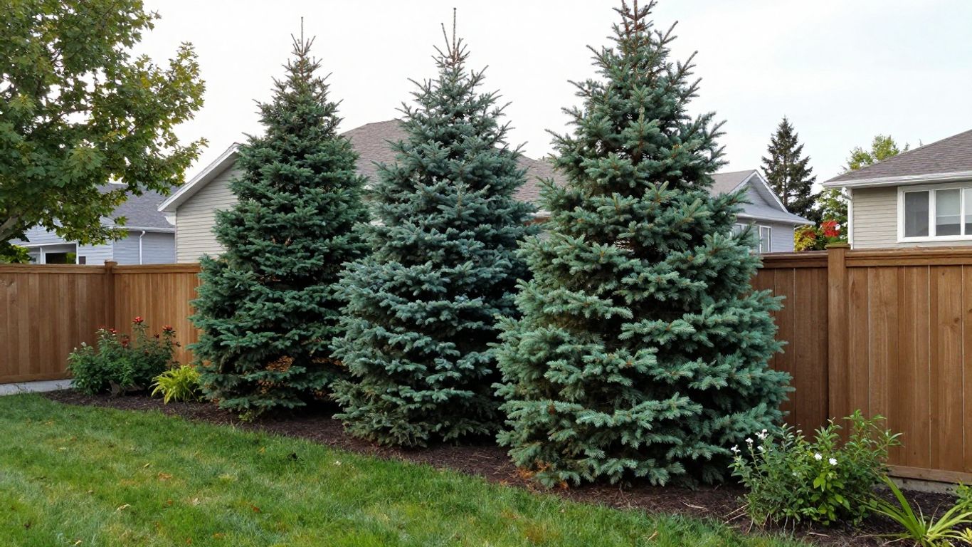 Evergreen privacy trees planted along a backyard fence to create year-round privacy for an Ottawa home.