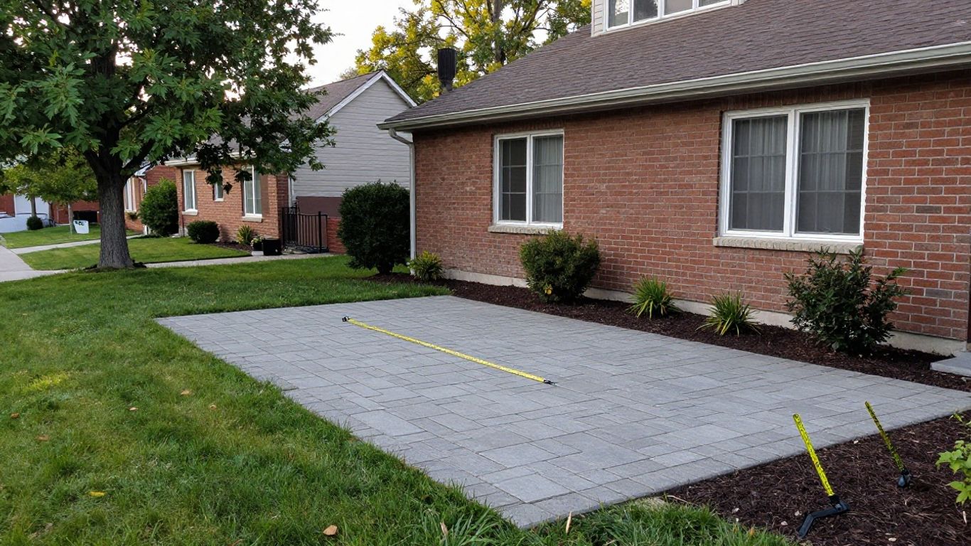 Contractor measuring a newly installed paver patio beside an Ottawa home, relevant when planning to extend my patio and confirm setback distances