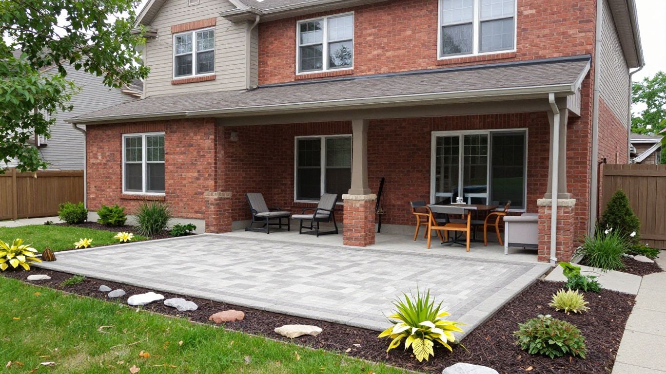 Permit for a Patio in Ottawa – Finished Paver Patio with Covered Seating Area Large paver patio with covered porch seating area on a brick Ottawa home, an example of a project that may require a permit for a patio