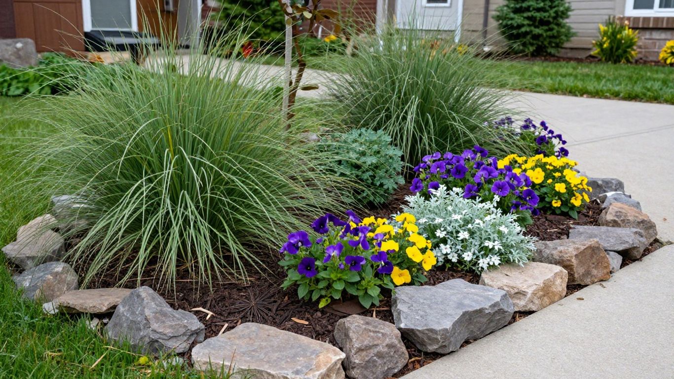 Ornamental grasses, mulch, and stone used in a drought tolerant landscape.