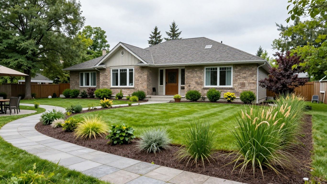 Drought tolerant landscaping design with native plants and reduced turf.