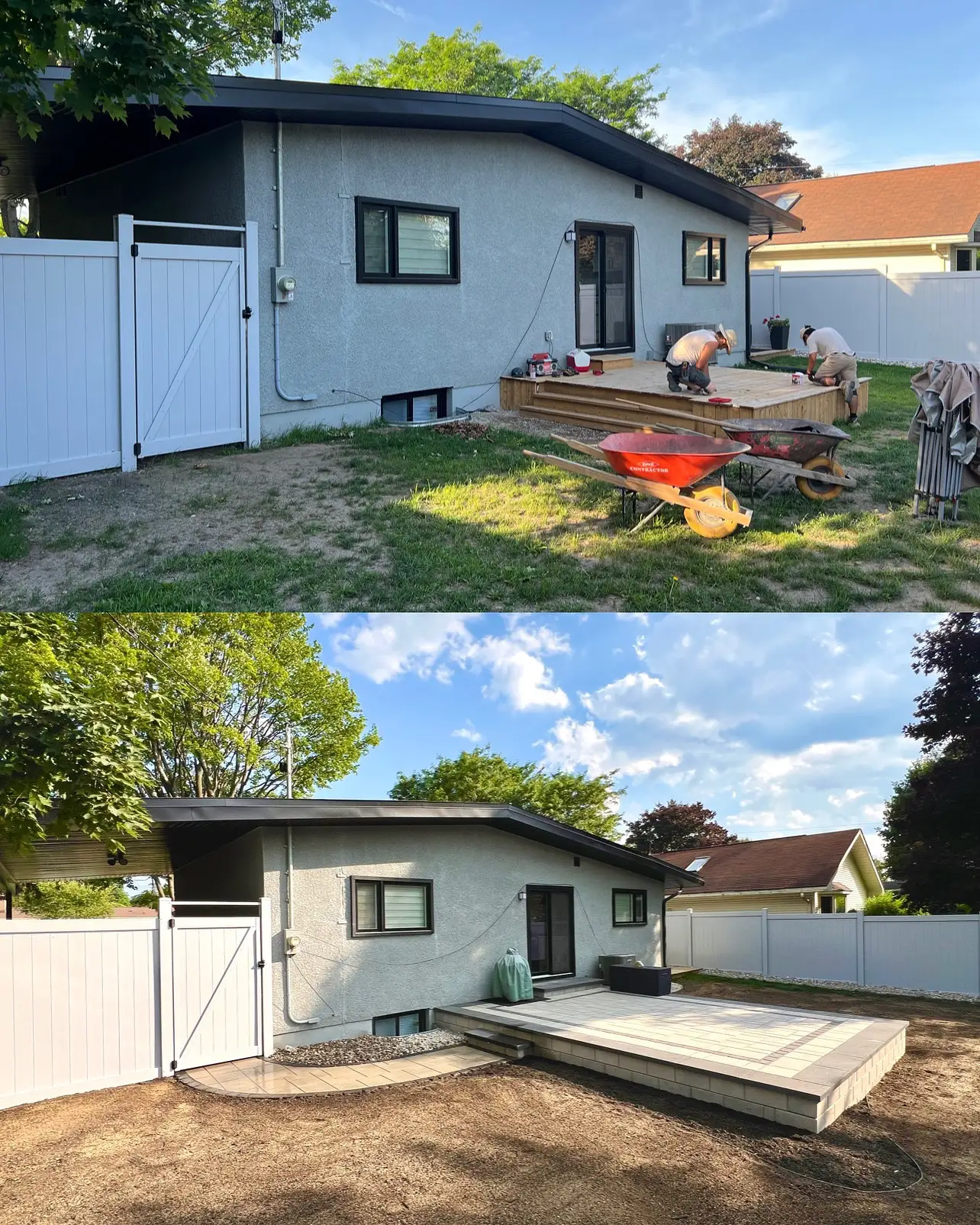 Before and after photos of an Ottawa backyard transformed by landscape construction, from bare soil to a finished paver deck.