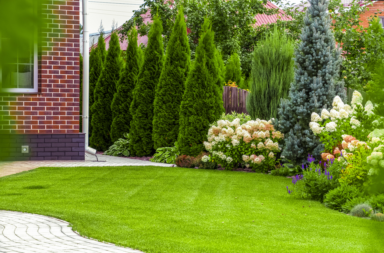 Landscaped Ottawa backyard showing layered garden beds, trimmed hedges, and a manicured lawn built by construction landscapers.